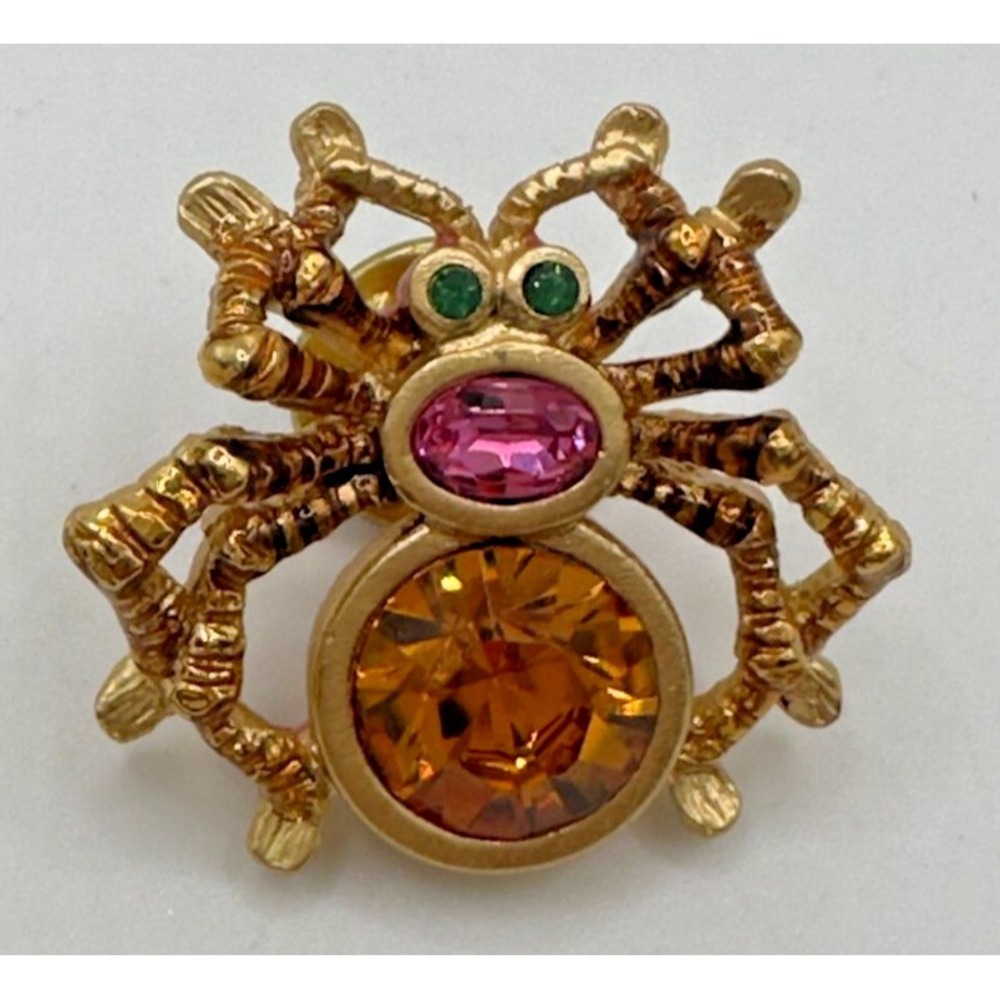 Jay Strongwater Spider Brooch Pin Gold Tone Pink Orange Crystal Bug Jewelry
